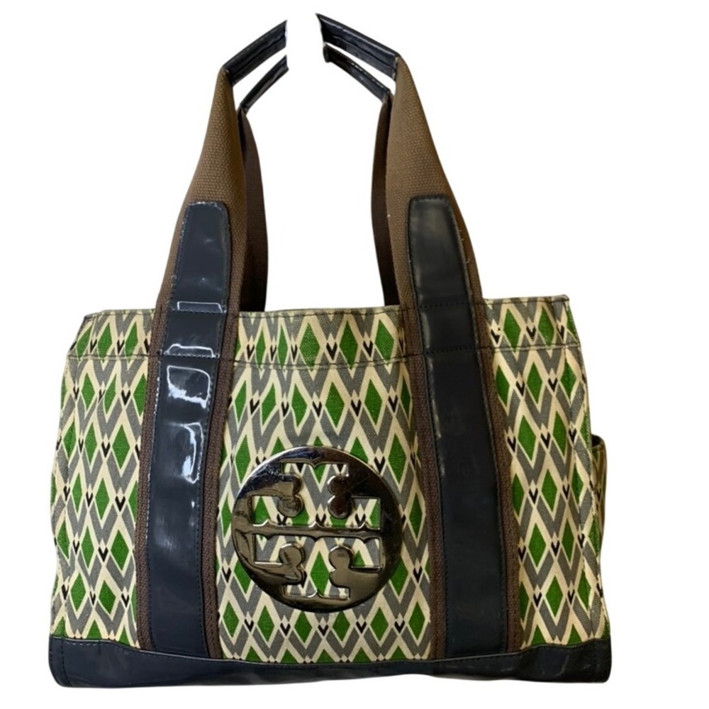 Tory Burch Green Diamond-Pattern Tote with Brown and Black Trim